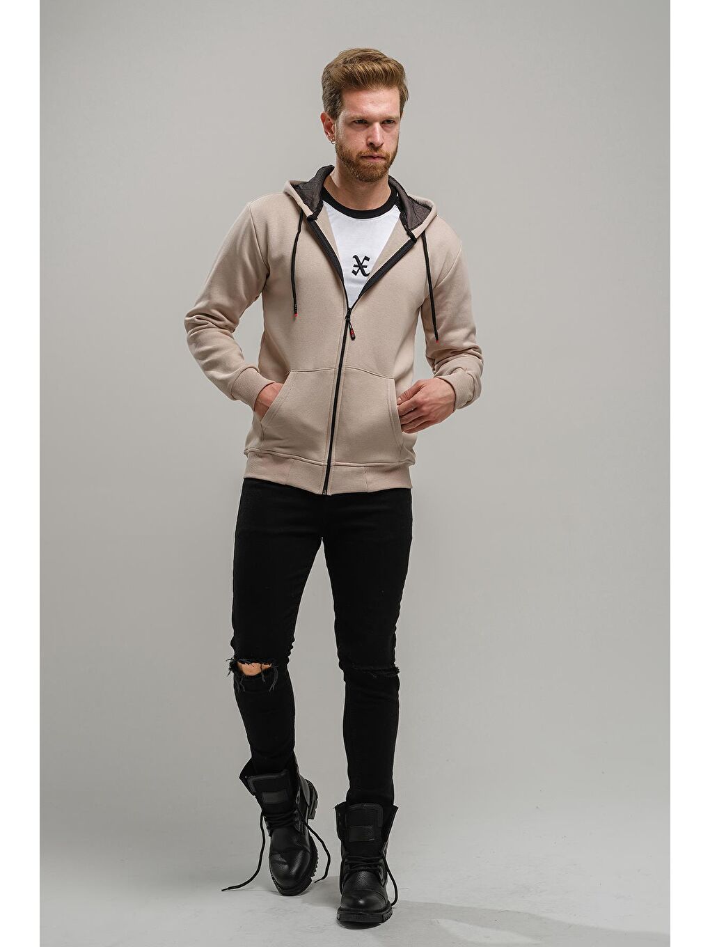 Oksit Bej Regnault Üç İplik Pamuklu Kapüşonu File Detaylı  Fermuarlı Sweatshirt - 1