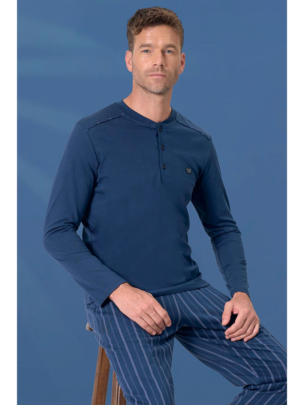 Büyük Beden Erkek Penye Yarım Düğme Detay Uzun Kol Pijama Takımı 2145 Lacivert11-1