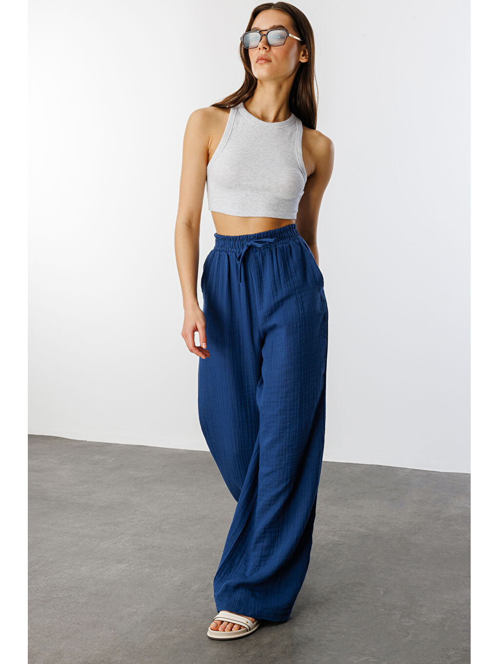 Lacivert Müslin Palazzo Kadın Pantolon MÜSLİN-PANTOLON-5