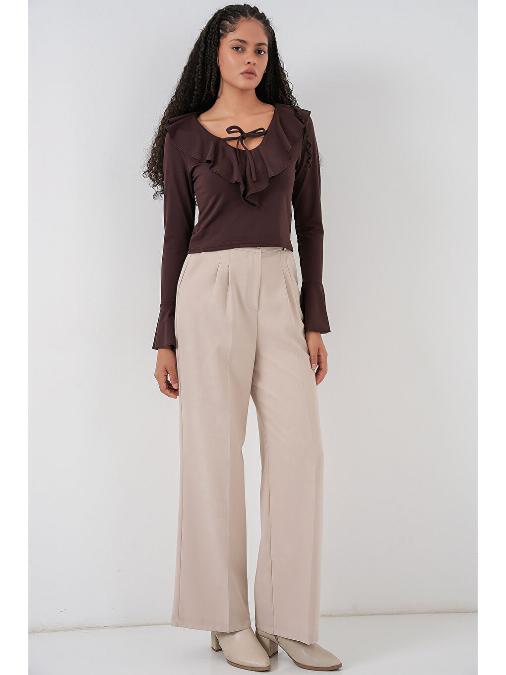 Kadın Uzun Kol Crop Bluz 979 - Kahverengi-1