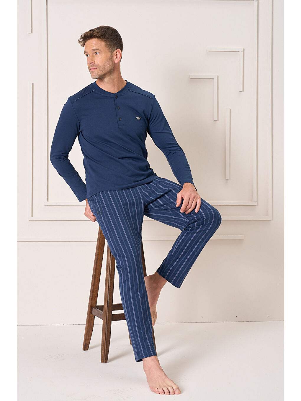 Büyük Beden Erkek Penye Yarım Düğme Detay Uzun Kol Pijama Takımı 2145 Lacivert11-2