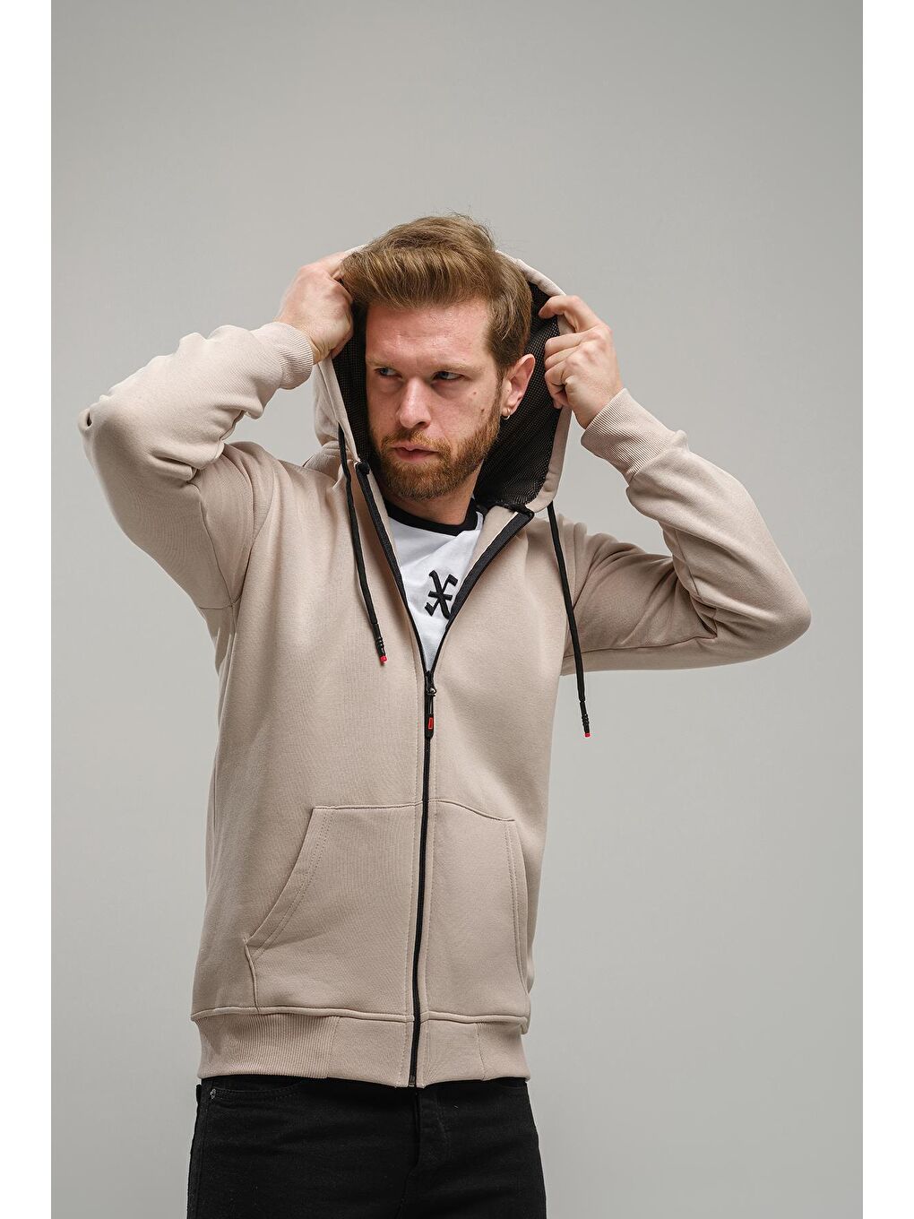 Oksit Bej Regnault Üç İplik Pamuklu Kapüşonu File Detaylı  Fermuarlı Sweatshirt - 2