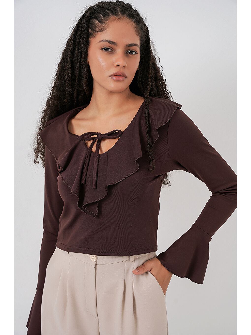 Kadın Uzun Kol Crop Bluz 979 - Kahverengi-2