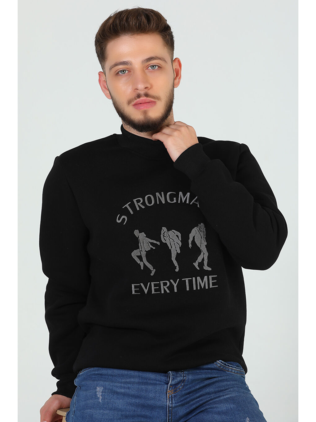 Mishar İtalia Siyah Erkek Bisiklet Yaka Nakışlı Üç İplik Şardonlu Sweatshirt - 1