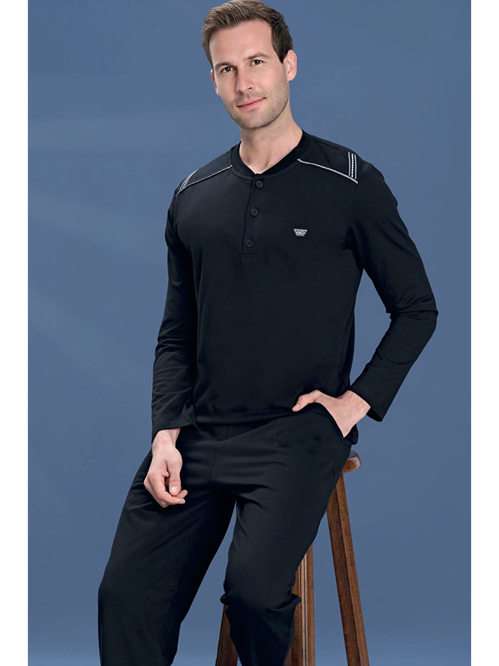 Büyük Beden Erkek Penye Yarım Düğme Detay Uzun Kol Pijama Takımı 2133 Siyah07-1