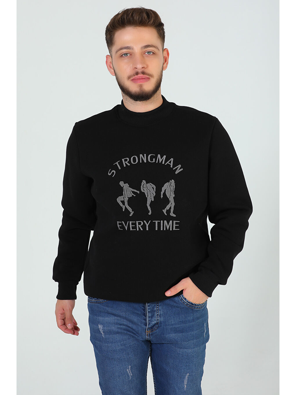 Mishar İtalia Siyah Erkek Bisiklet Yaka Nakışlı Üç İplik Şardonlu Sweatshirt - 2