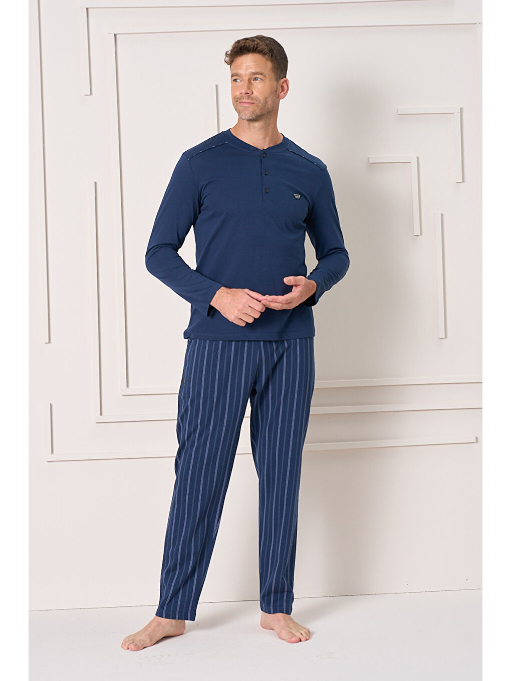 Büyük Beden Erkek Penye Yarım Düğme Detay Uzun Kol Pijama Takımı 2145 Lacivert11-3