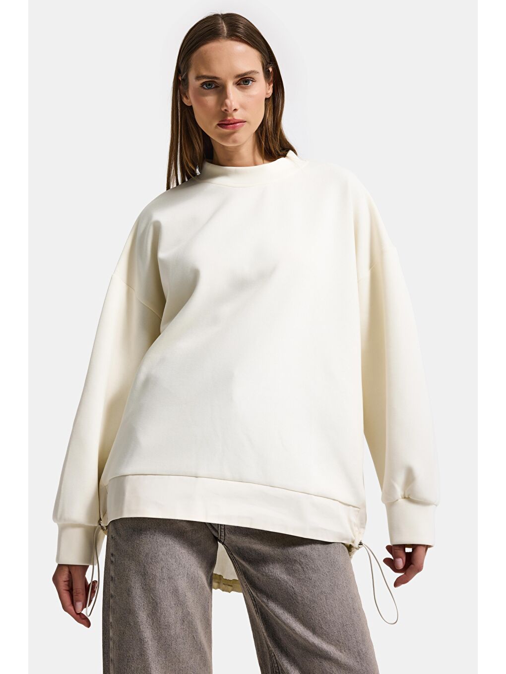 Kadın Ekru w5 Oversize Pamuk Tasarım Sweatshirt