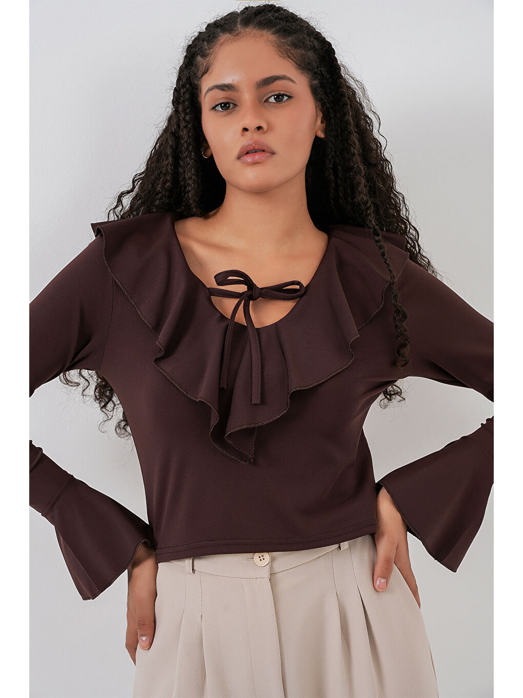 Kadın Uzun Kol Crop Bluz 979 - Kahverengi-3