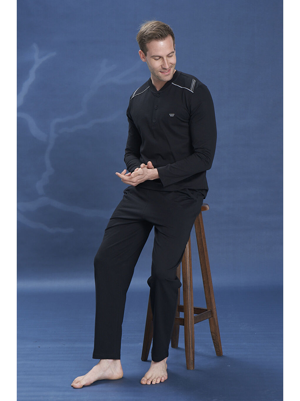 Büyük Beden Erkek Penye Yarım Düğme Detay Uzun Kol Pijama Takımı 2133 Siyah07-2