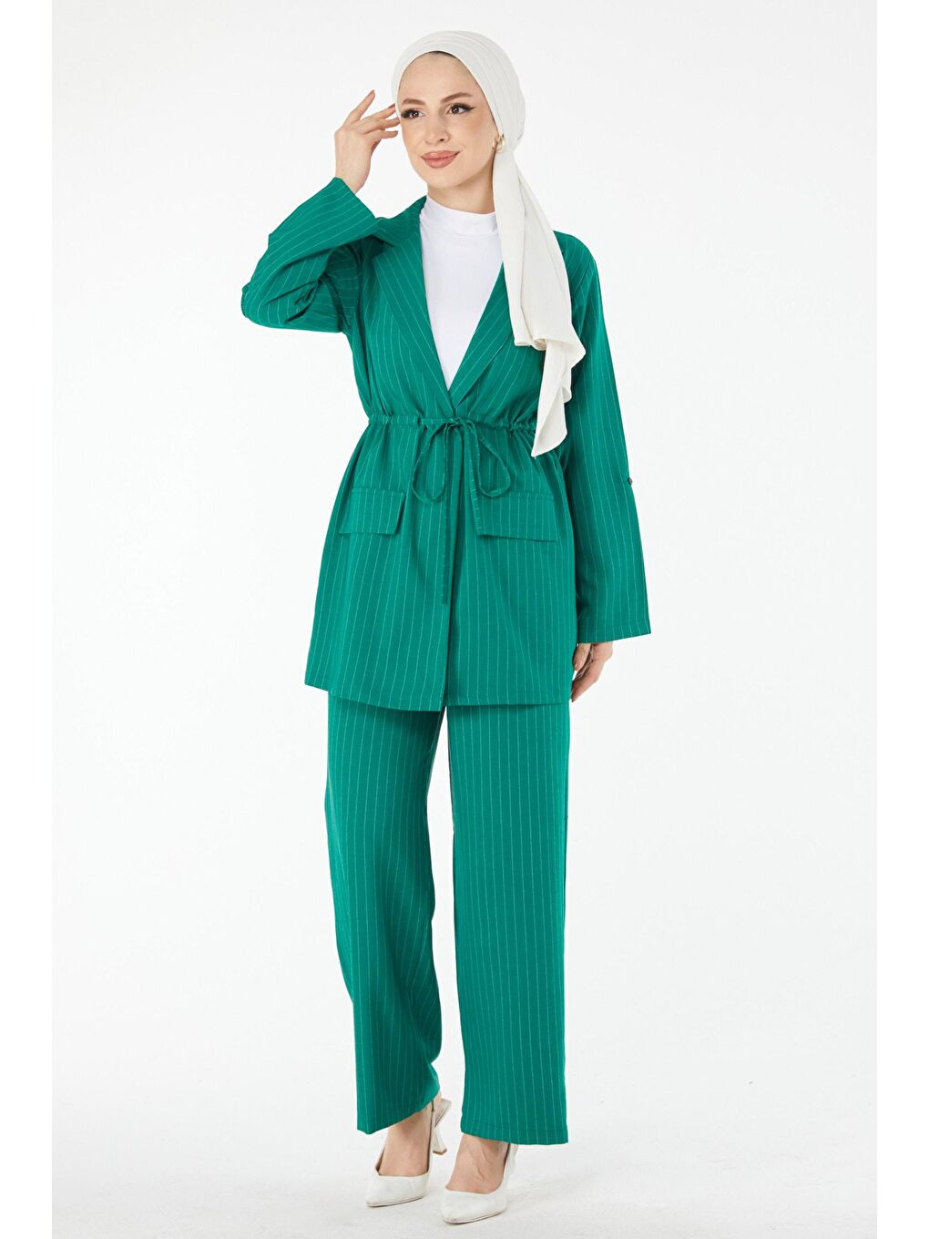 Ceket Yaka Kadın Yeşil Çizgili Ceket Pantolon Takım - 24511