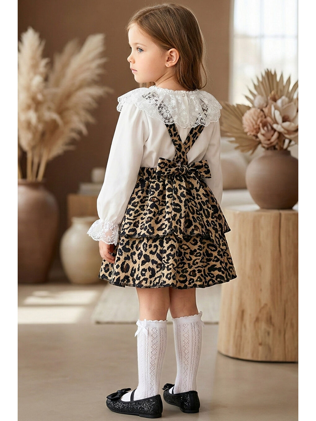 Beyaz Kız Çocuk Leopar Elbise Helen Askılı Jile Dantelli Ekru Bluz Takım 23 Nisan 29 Ekim Gösteri Kıyafeti-1