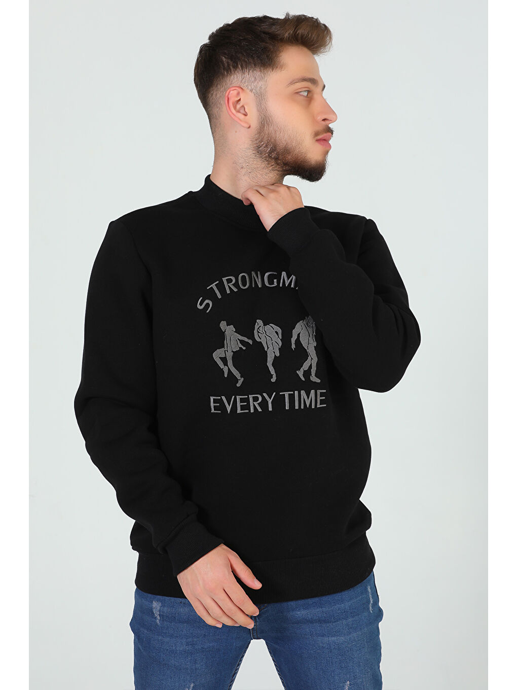 Mishar İtalia Siyah Erkek Bisiklet Yaka Nakışlı Üç İplik Şardonlu Sweatshirt - 4