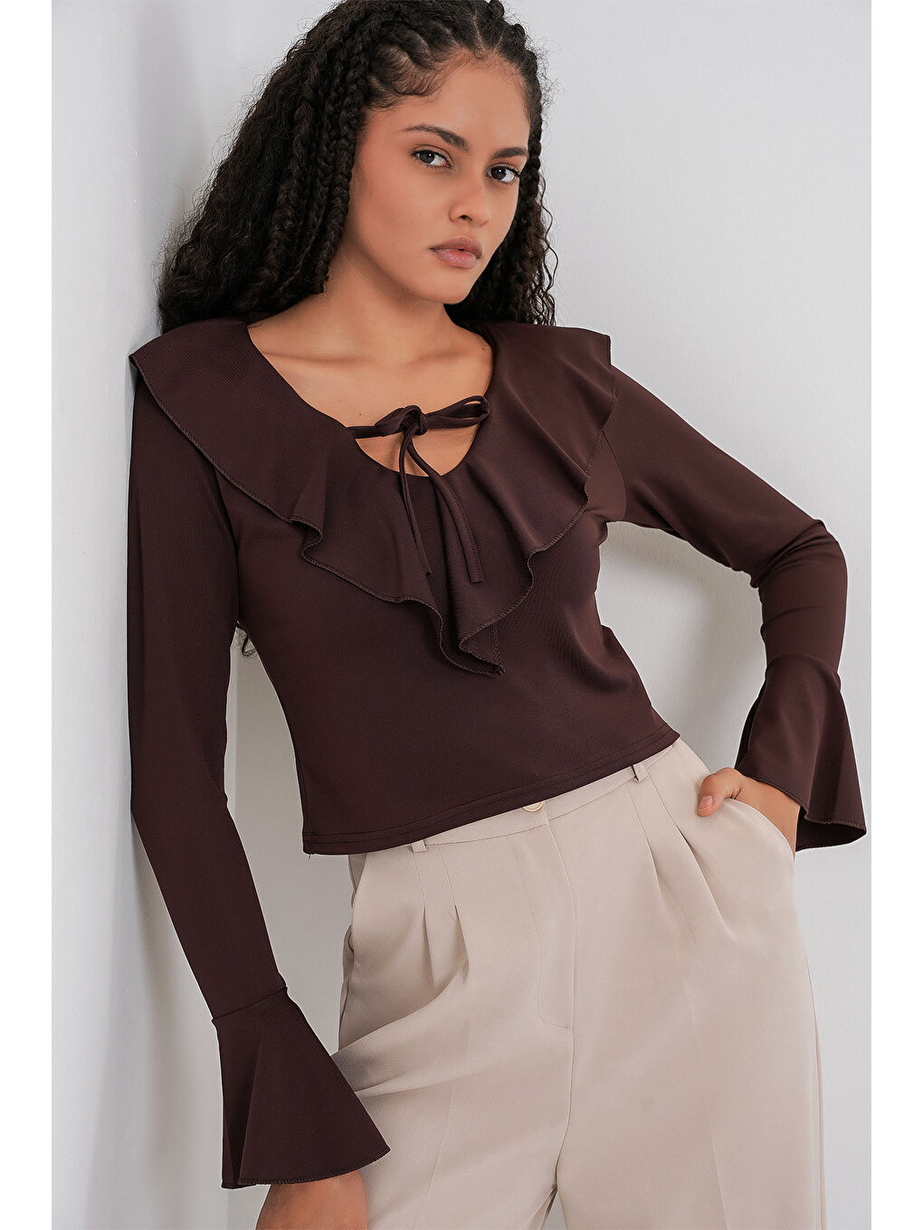 Kadın Uzun Kol Crop Bluz 979 - Kahverengi-4