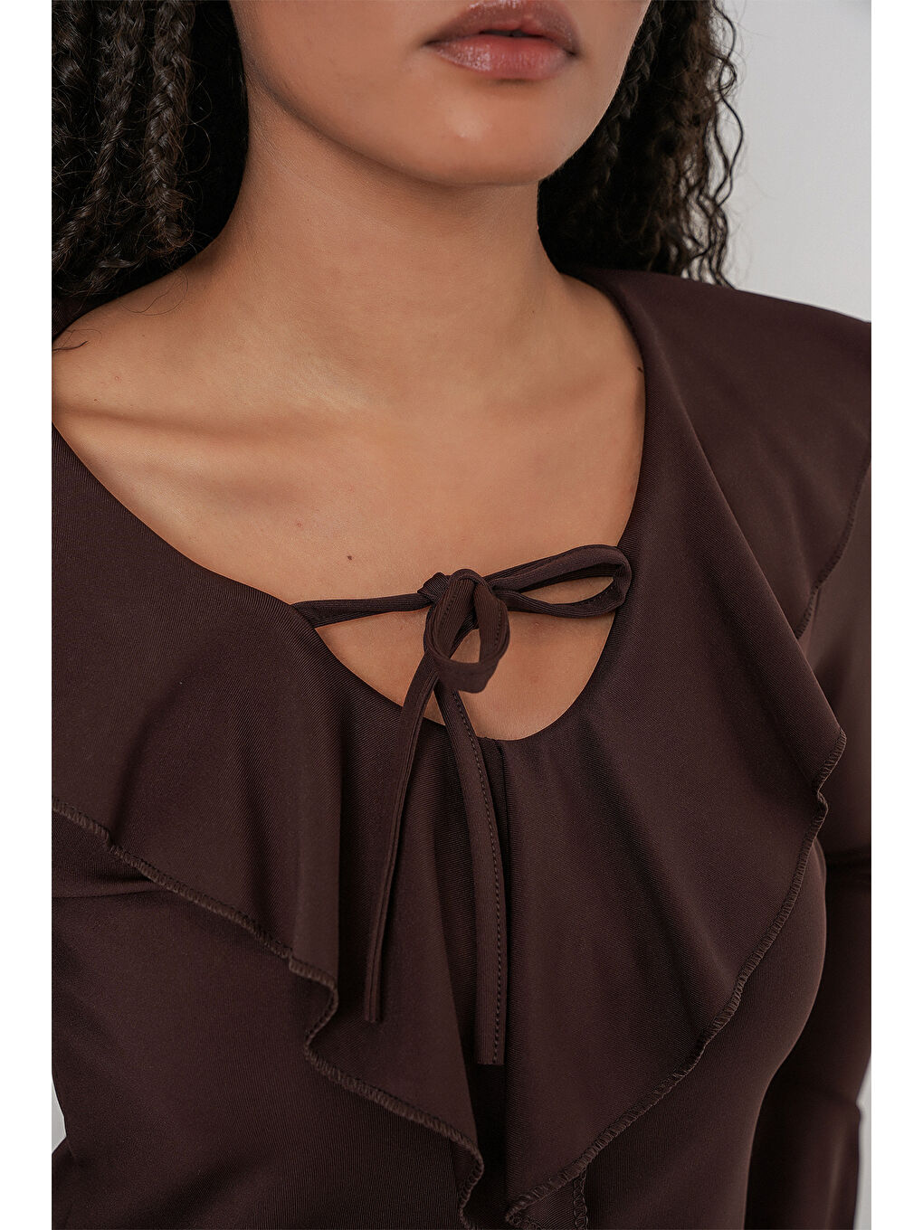 Kadın Uzun Kol Crop Bluz 979 - Kahverengi-5