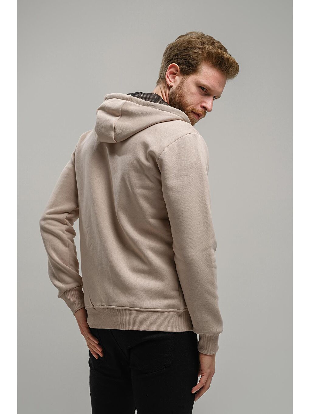 Oksit Bej Regnault Üç İplik Pamuklu Kapüşonu File Detaylı  Fermuarlı Sweatshirt - 3