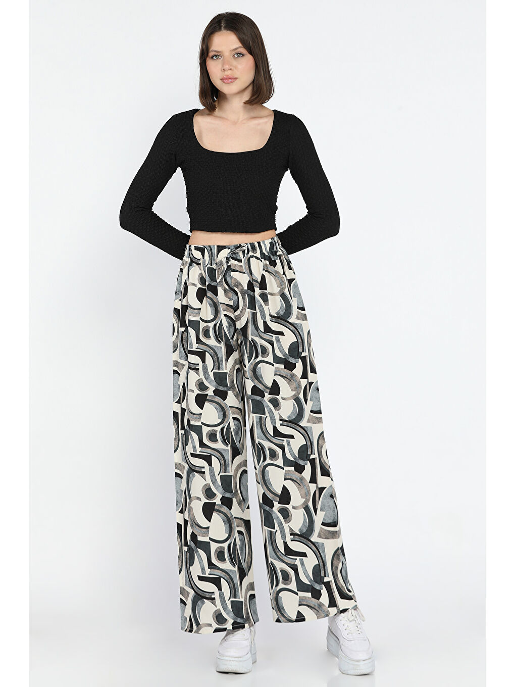 Ekru Kadın Bel Lastikli Viskon Yürüyüş Pantolonu