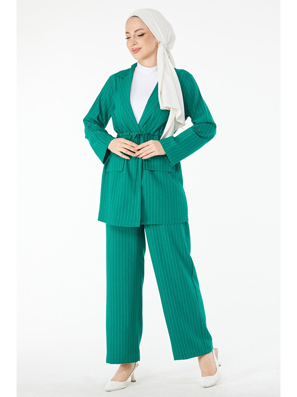 Ceket Yaka Kadın Yeşil Çizgili Ceket Pantolon Takım - 24511-1