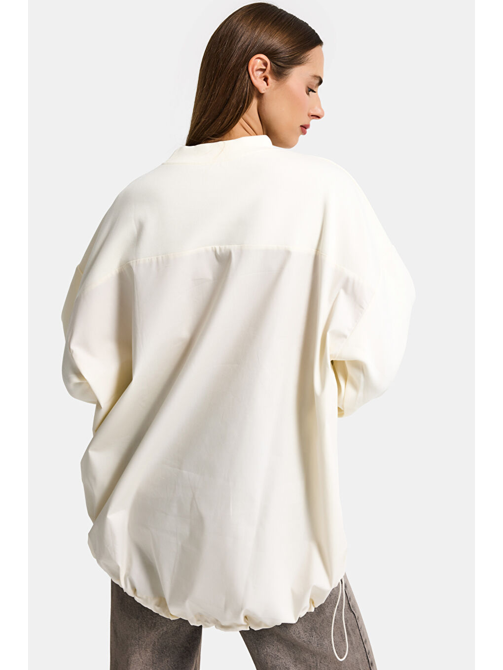 Kadın Ekru w5 Oversize Pamuk Tasarım Sweatshirt-1