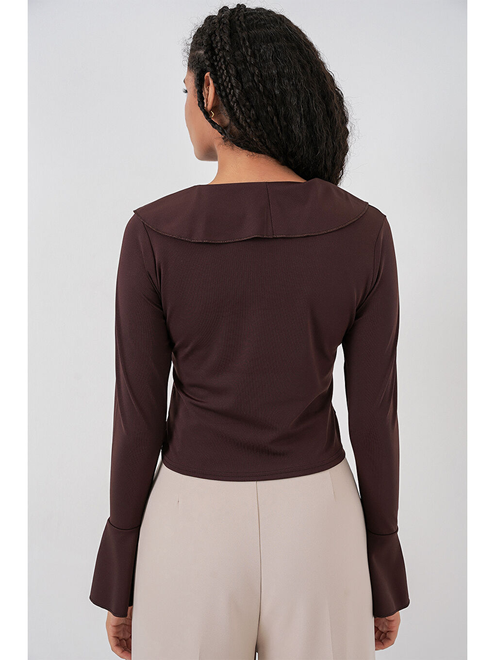 Kadın Uzun Kol Crop Bluz 979 - Kahverengi-6