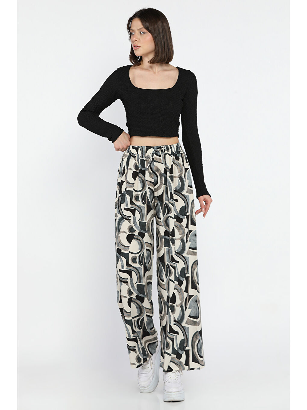 Ekru Kadın Bel Lastikli Viskon Yürüyüş Pantolonu-1