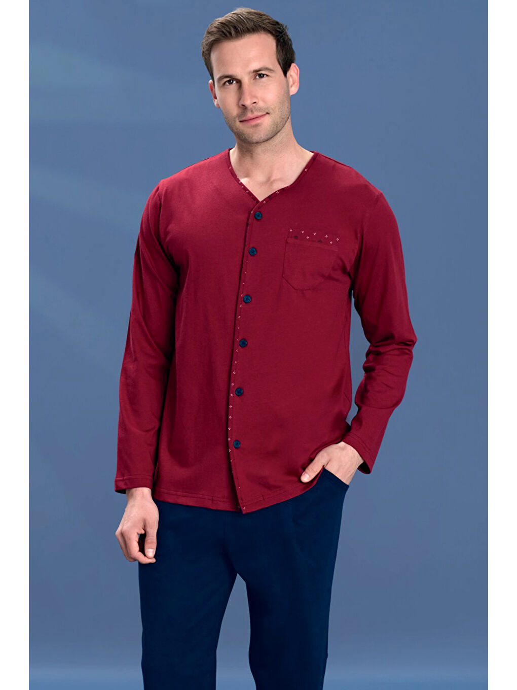 Büyük Beden Erkek Penye Düğme Detay Uzun Kol Pijama Takımı 2159 Kırmızı-3