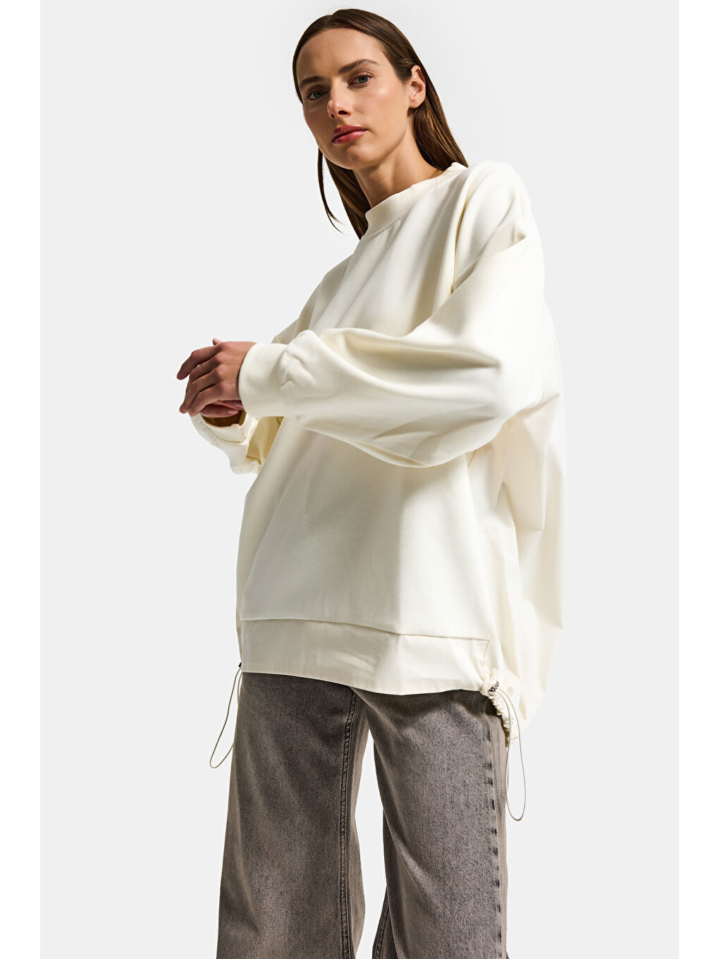 Kadın Ekru w5 Oversize Pamuk Tasarım Sweatshirt-2