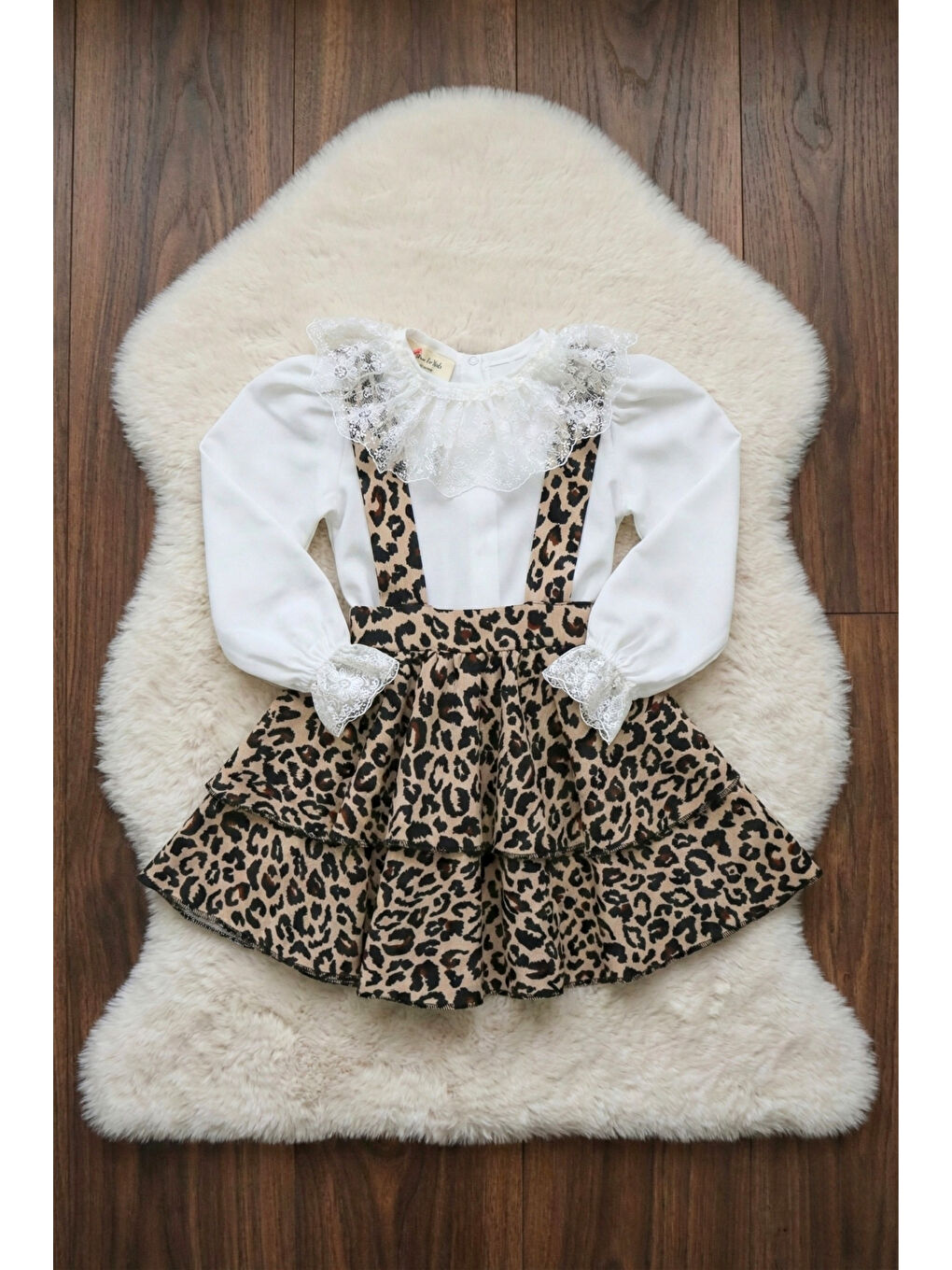 Beyaz Kız Çocuk Leopar Elbise Helen Askılı Jile Dantelli Ekru Bluz Takım 23 Nisan 29 Ekim Gösteri Kıyafeti-3
