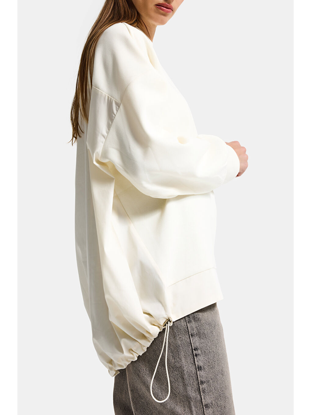 Kadın Ekru w5 Oversize Pamuk Tasarım Sweatshirt-4