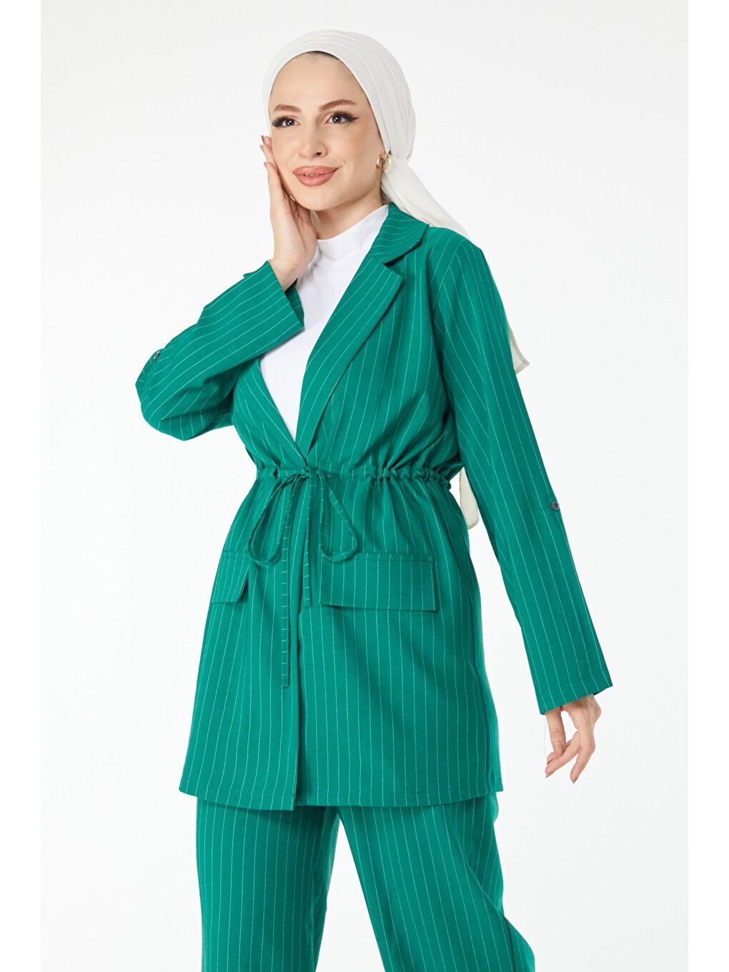Ceket Yaka Kadın Yeşil Çizgili Ceket Pantolon Takım - 24511-3