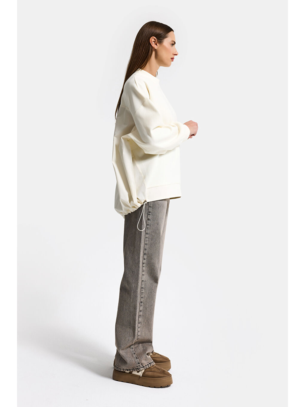 Kadın Ekru w5 Oversize Pamuk Tasarım Sweatshirt-5