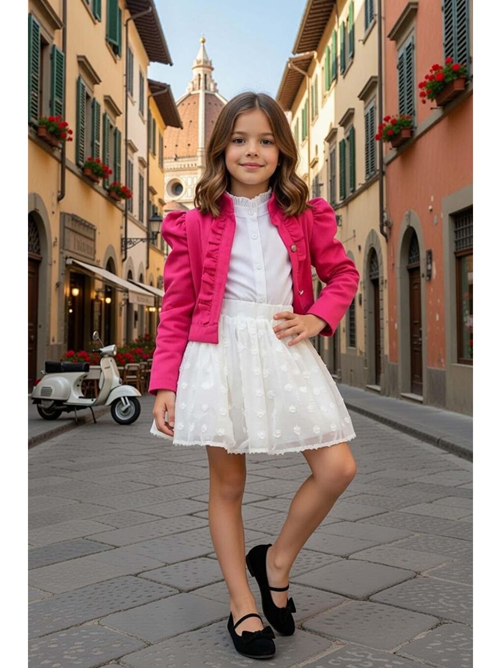 Kız Çocuk Karpuz Kol Kenarları Fırfır Detaylı Denim Fuşya Ceket Puantiye Detaylı Etekli Takım