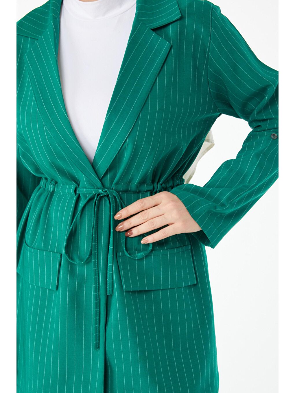 Ceket Yaka Kadın Yeşil Çizgili Ceket Pantolon Takım - 24511-4