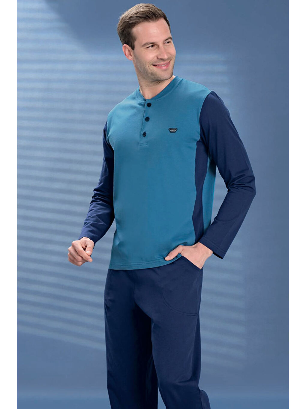 Erkek Penye Yarım Düğme Detay Uzun Kol Pijama Takımı 2121 Petrol04-1