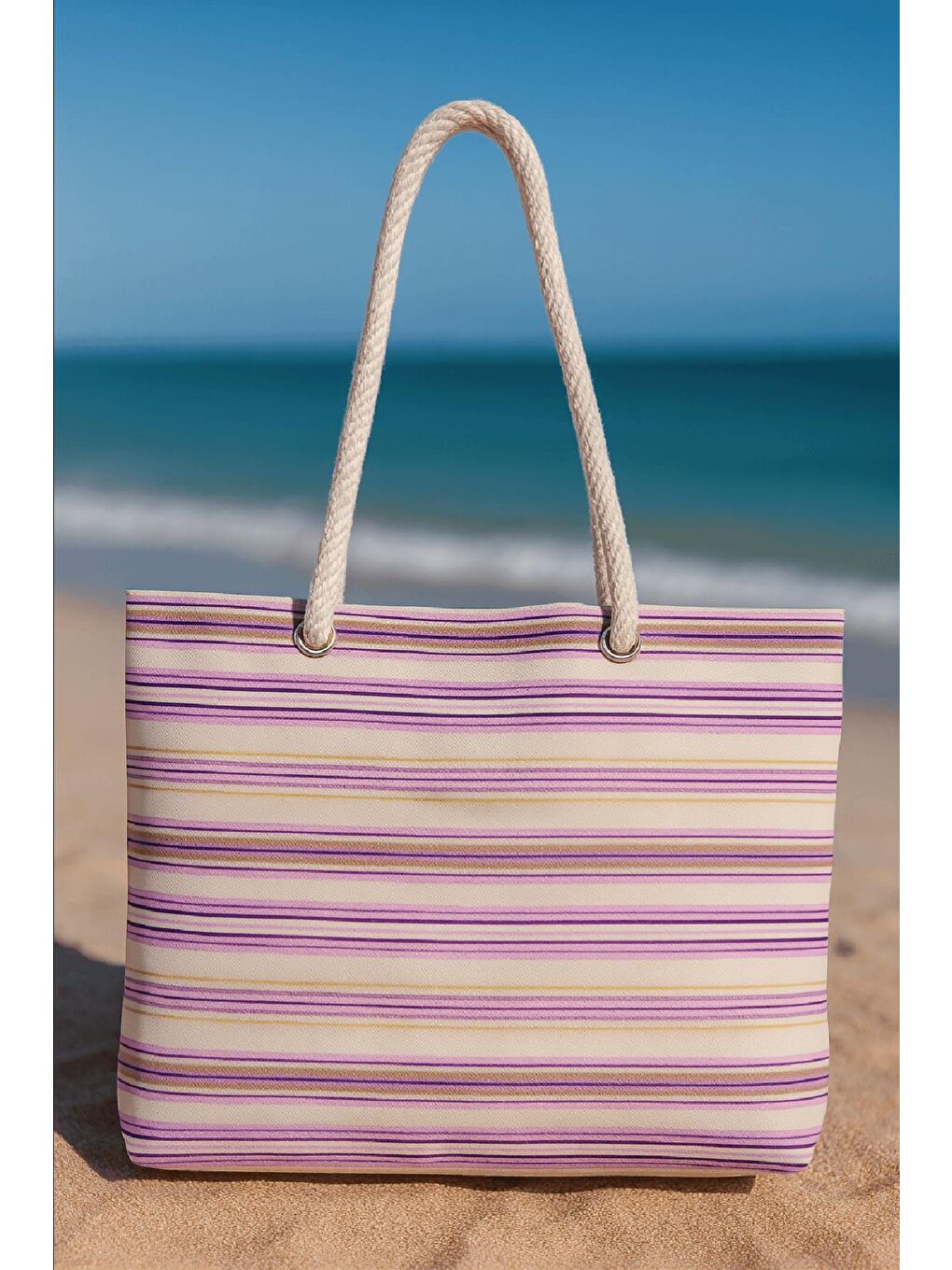 Mor Çizgili Plaj Çantası