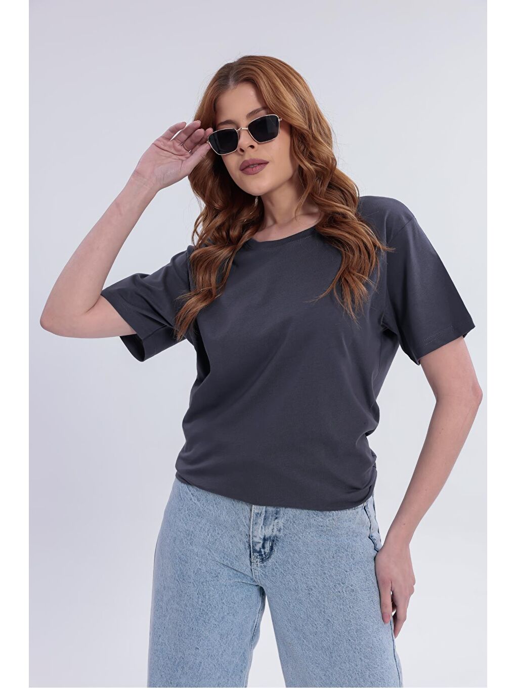 Antrasit Kadın Basic Rahat Kalıp Elastanlı 30/1 Süprem Tişört-380-3