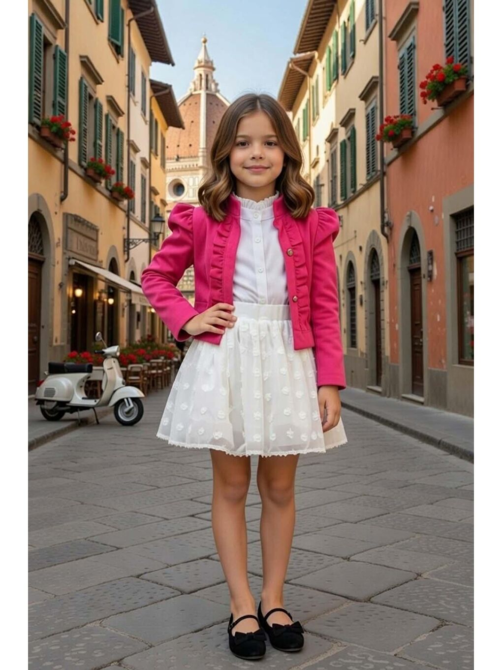 Kız Çocuk Karpuz Kol Kenarları Fırfır Detaylı Denim Fuşya Ceket Puantiye Detaylı Etekli Takım-1