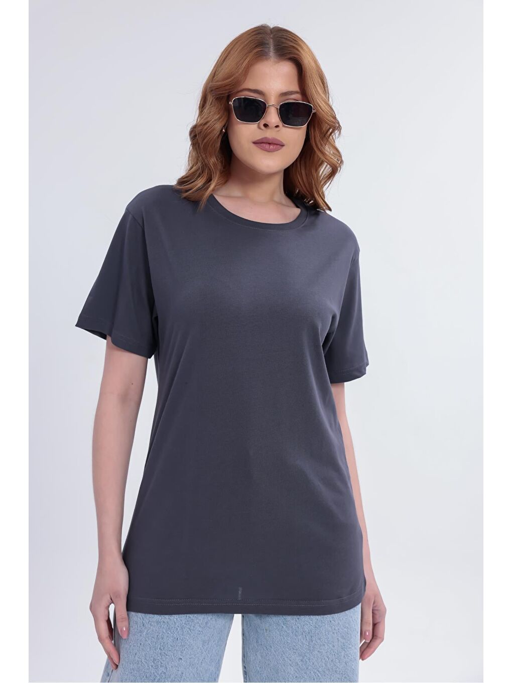 Antrasit Kadın Basic Rahat Kalıp Elastanlı 30/1 Süprem Tişört-380-4