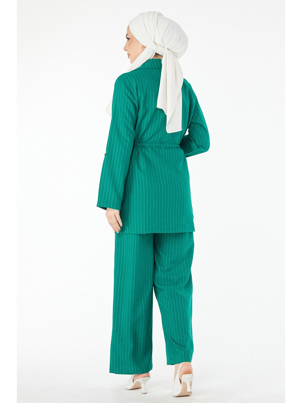 Ceket Yaka Kadın Yeşil Çizgili Ceket Pantolon Takım - 24511-5