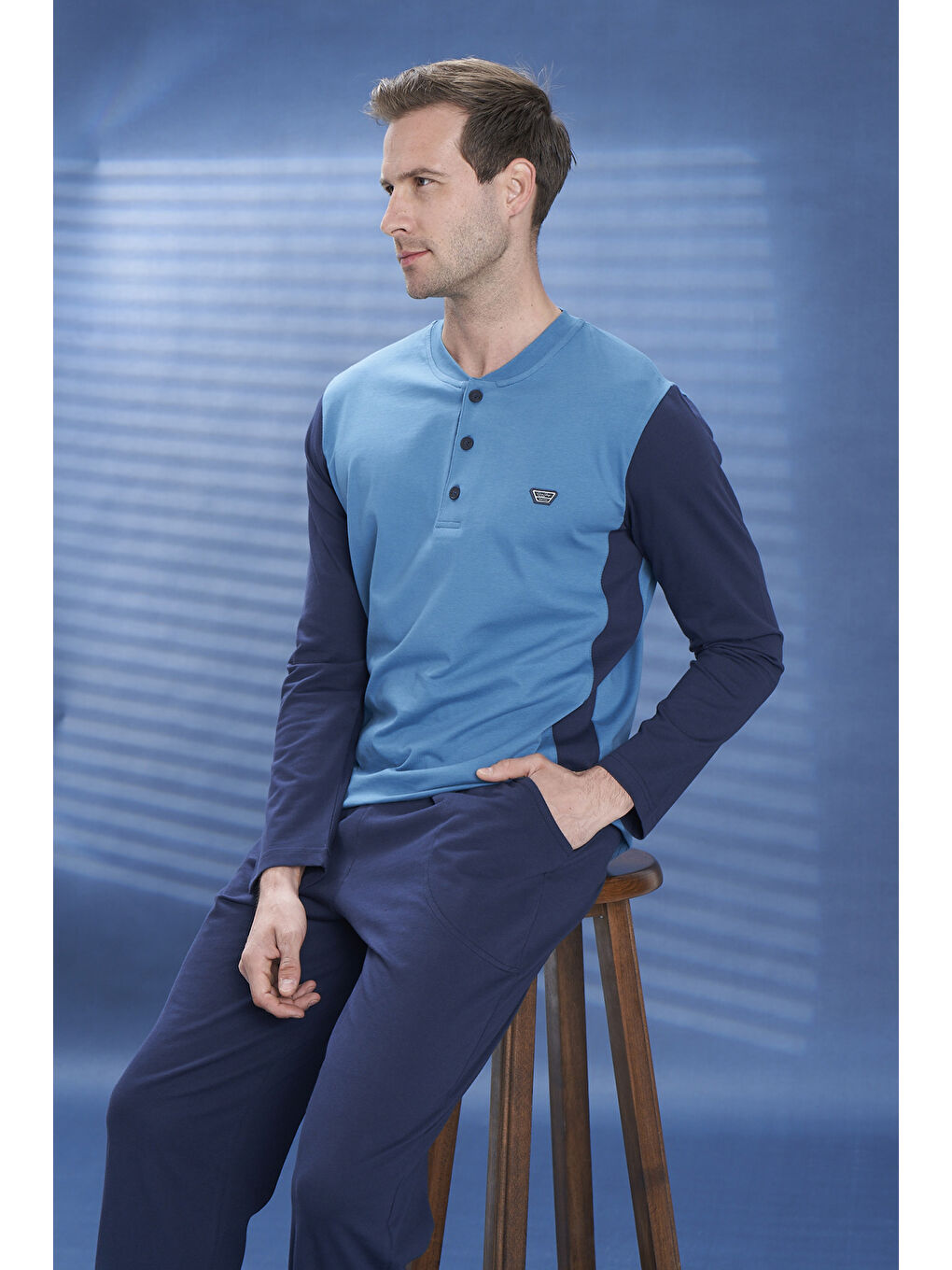 Erkek Penye Yarım Düğme Detay Uzun Kol Pijama Takımı 2121 Petrol04-2