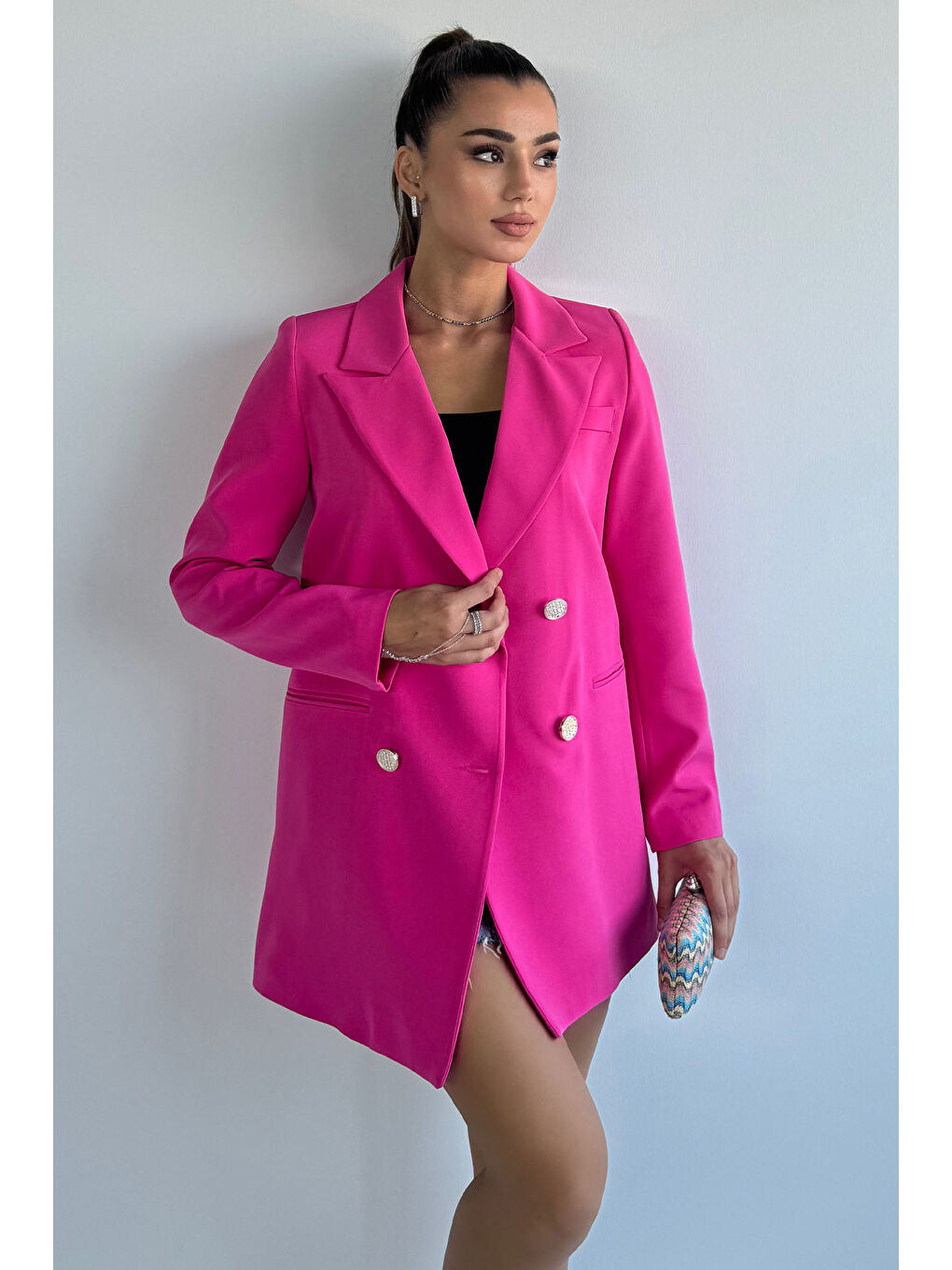 GÜLSELİ Pembe Kadın Astarlı Uzun Blazer Ceket - 1