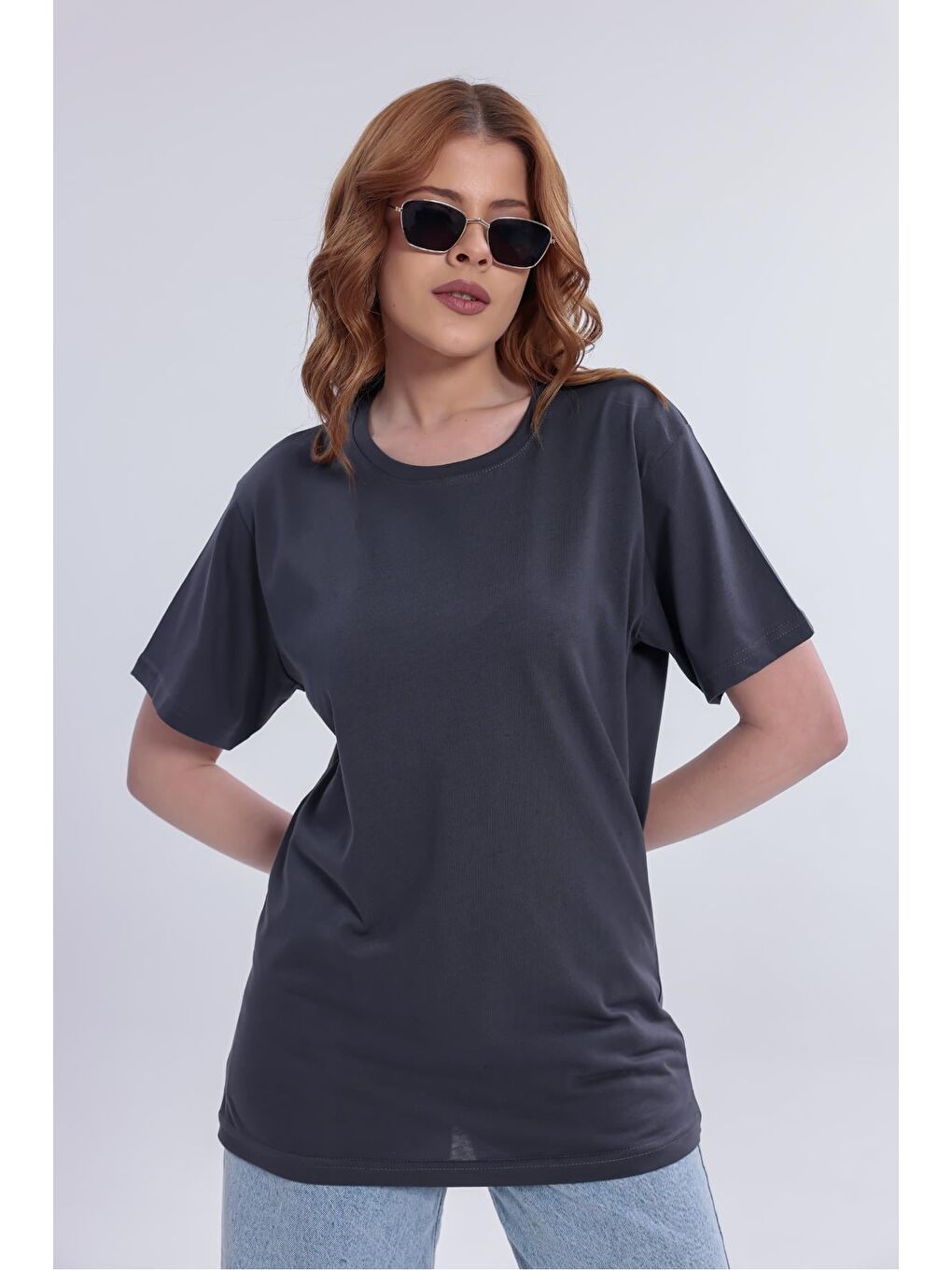 Antrasit Kadın Basic Rahat Kalıp Elastanlı 30/1 Süprem Tişört-380-5