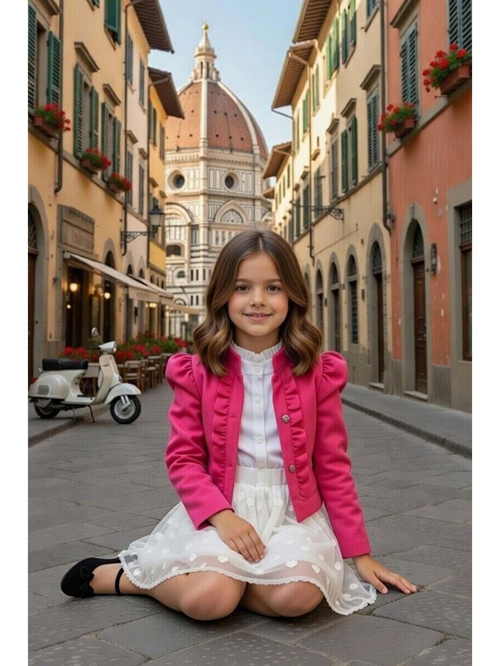 Kız Çocuk Karpuz Kol Kenarları Fırfır Detaylı Denim Fuşya Ceket Puantiye Detaylı Etekli Takım-2