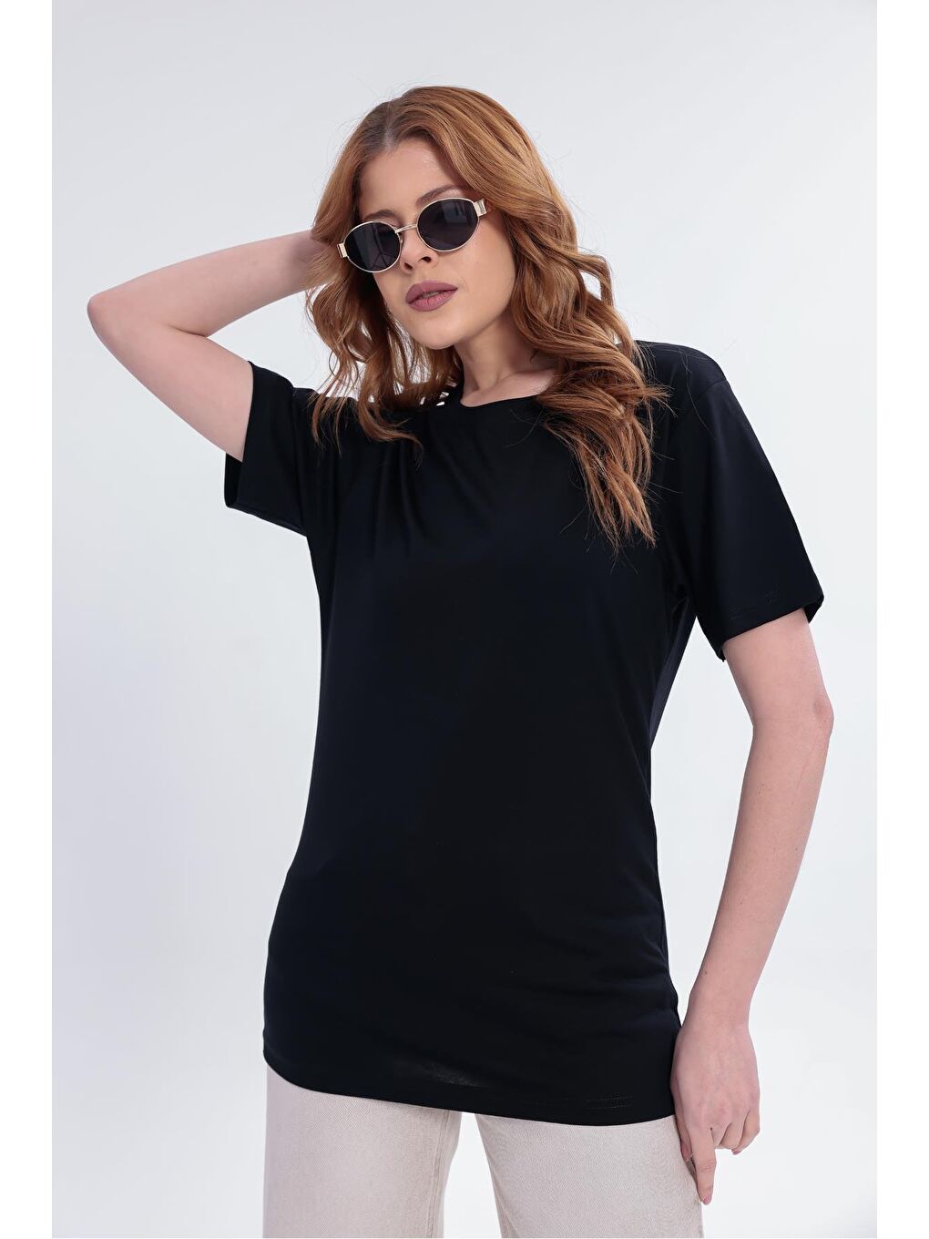 Siyah Kadın Basic Rahat Kalıp Elastanlı 30/1 Süprem Tişört-380-4