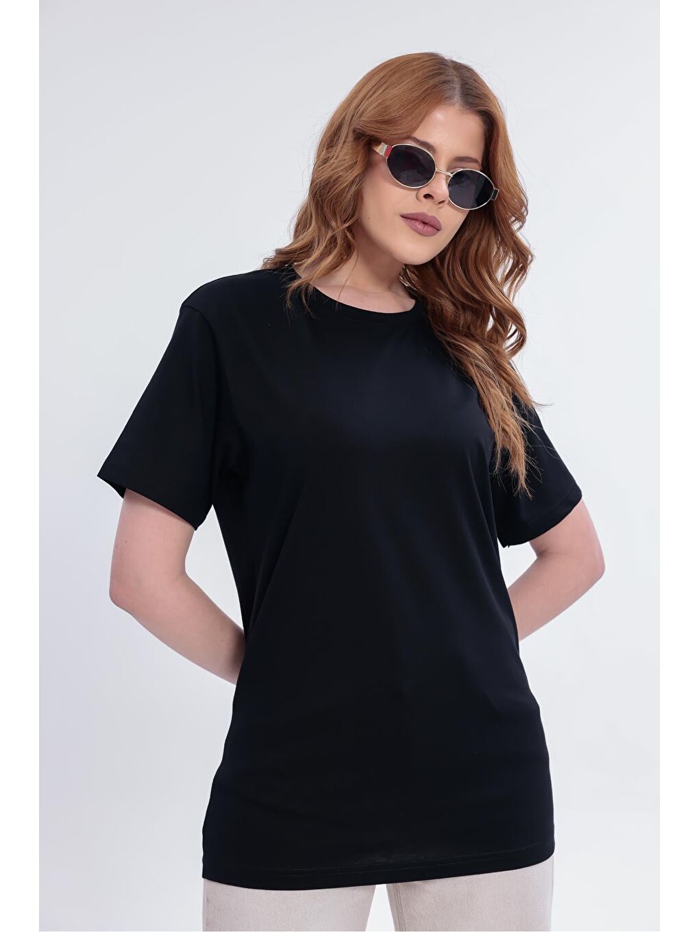 Siyah Kadın Basic Rahat Kalıp Elastanlı 30/1 Süprem Tişört-380-6
