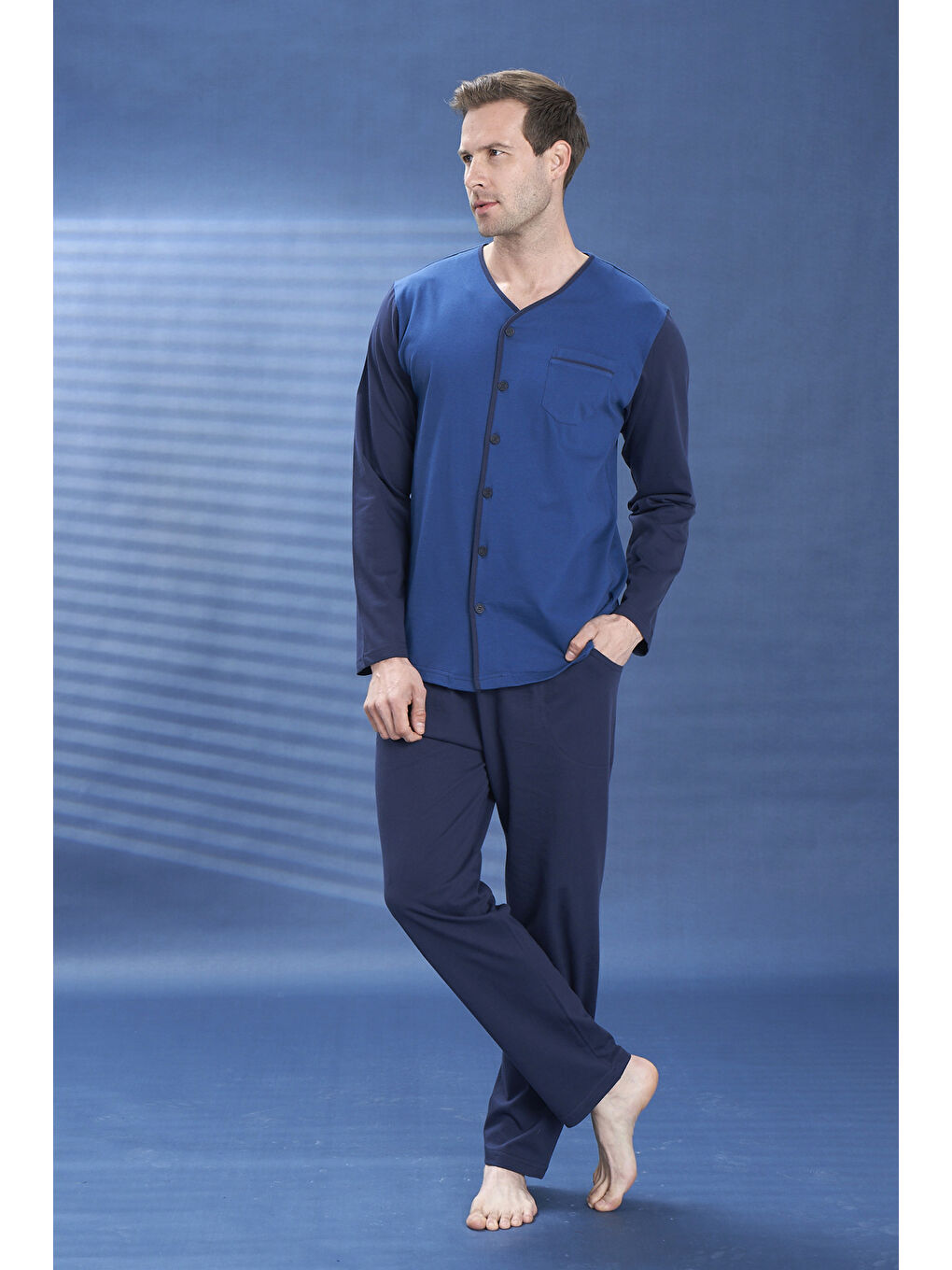Büyük Beden Erkek Penye Düğme Detay Uzun Kol Pijama Takımı 2143 Lacivert10