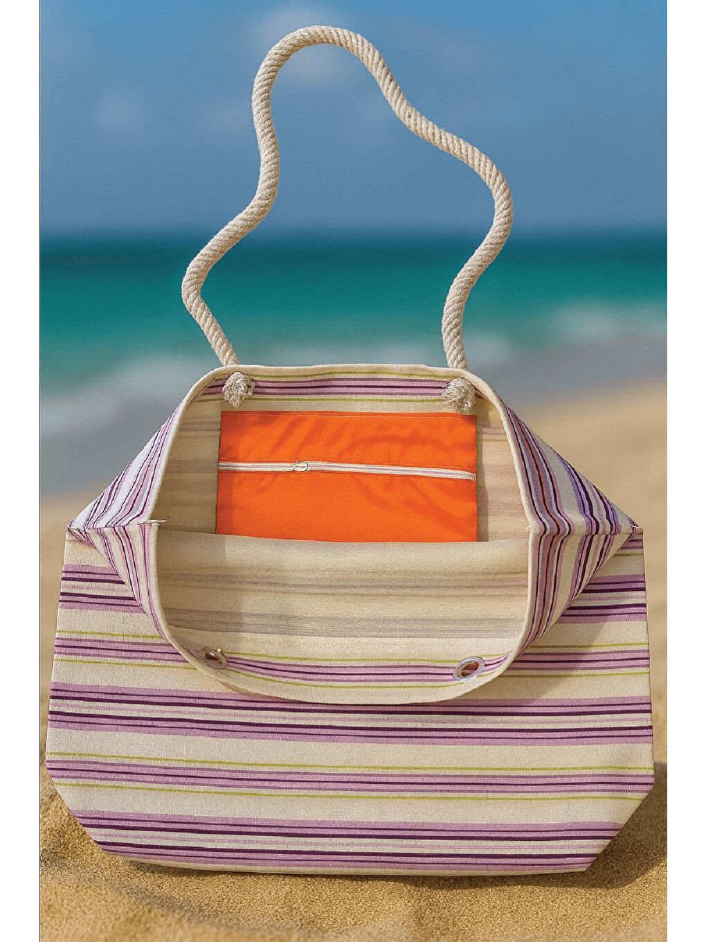 Mor Çizgili Plaj Çantası-1