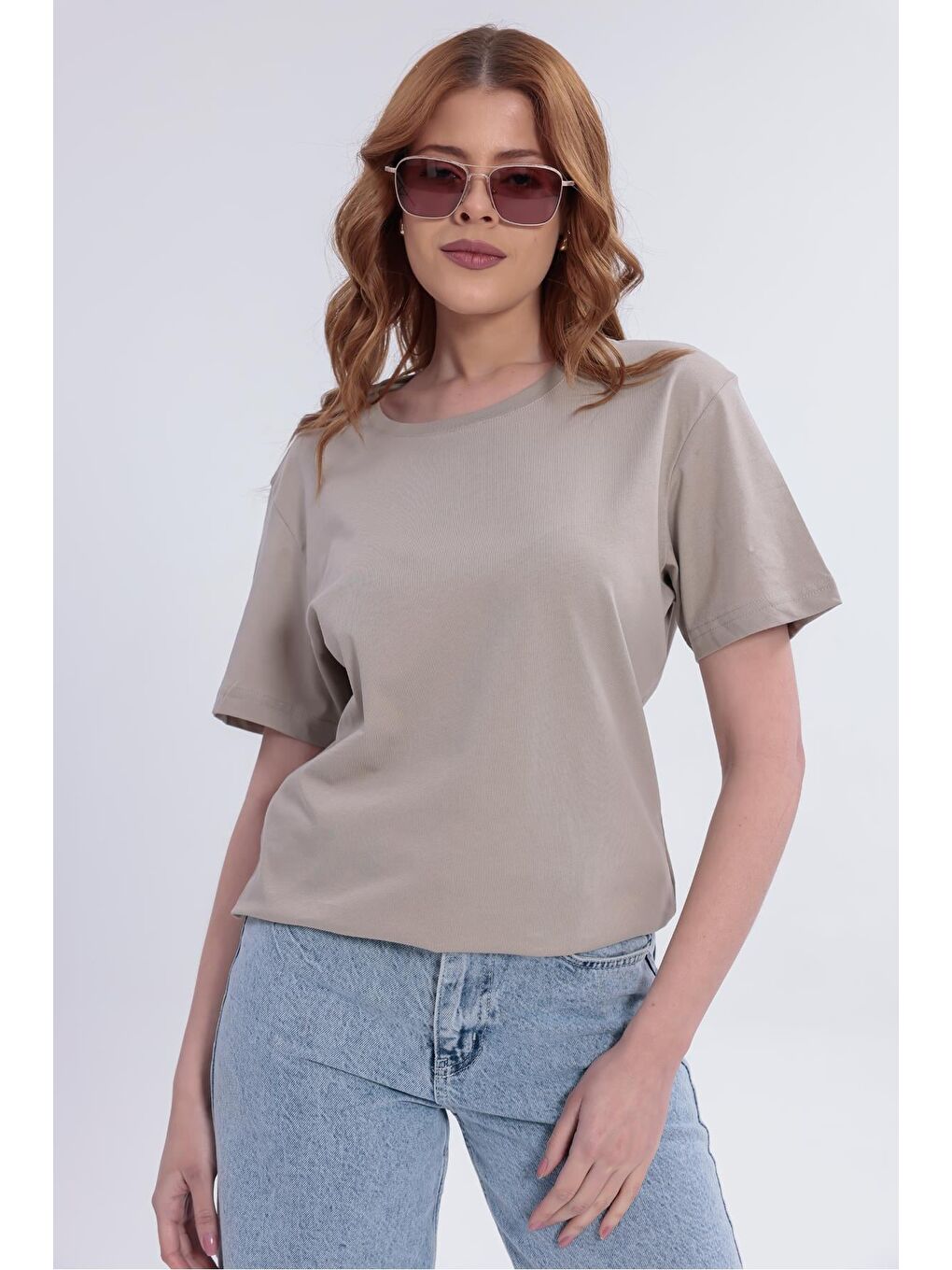 Bej Kadın Basic Rahat Kalıp Elastanlı 30/1 Süprem Tişört-380-1
