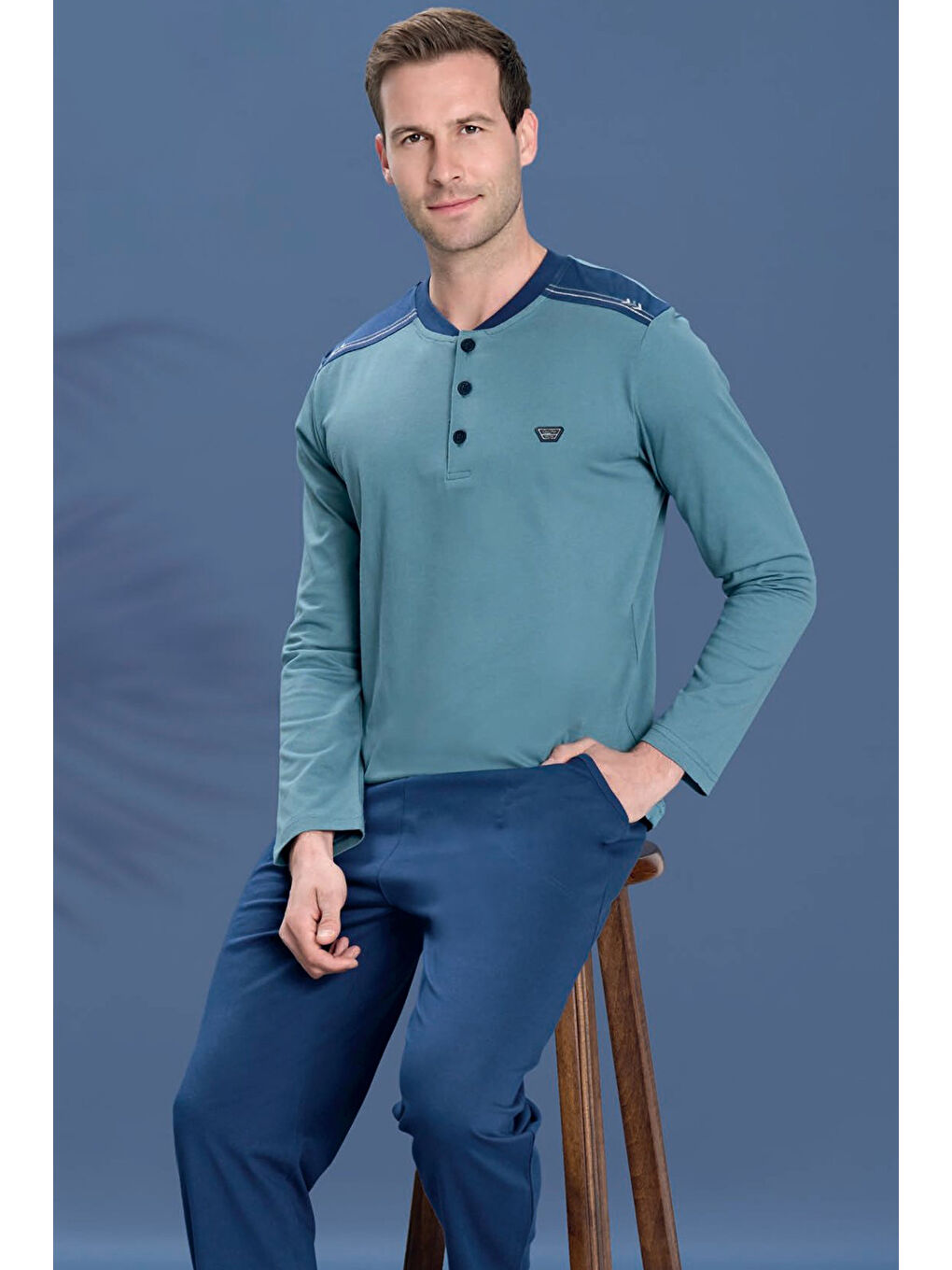 Erkek Penye Yarım Düğme Detay Uzun Kol Pijama Takımı 2115 Yeşil02-1