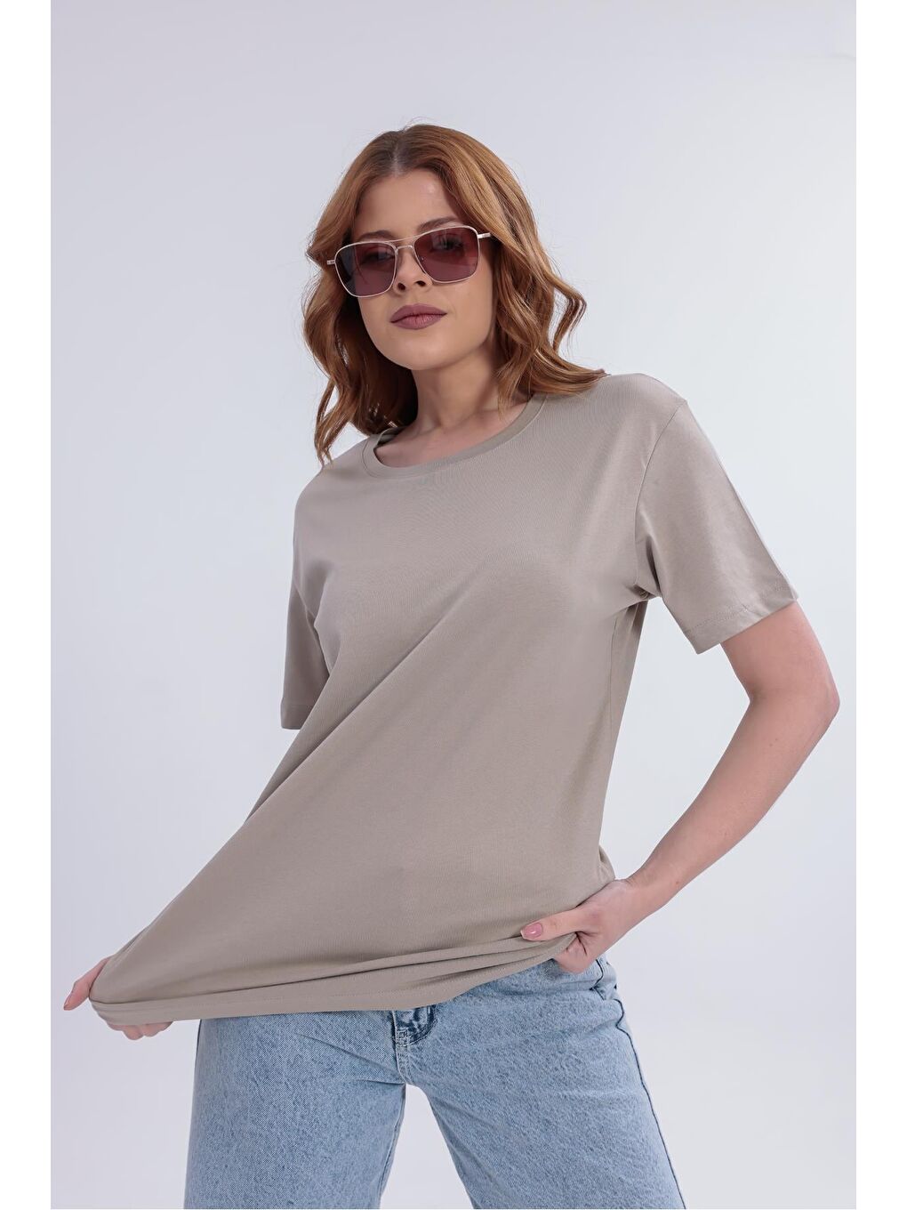 Bej Kadın Basic Rahat Kalıp Elastanlı 30/1 Süprem Tişört-380-2
